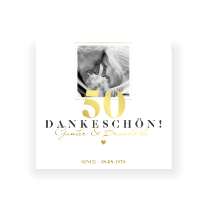 Quadratische weiße Danksagung zur Goldhochzeit mit Rahmen und Zahl 50