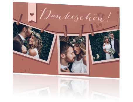 Rote Dankeskarte zur Hochzeit mit Fotos an Wäscheleine geklemmt