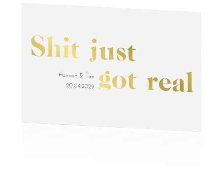 Witzige Save the Date Karte mit Spruch, veredelt durch Goldfolie